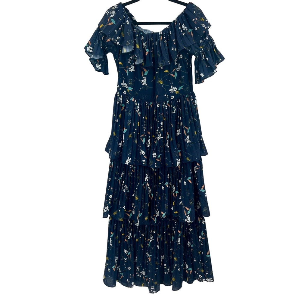 o.p.t. Vimmy Dress Blue Floral Off the Shoulder Tiered OPT Maxi Dress Size L